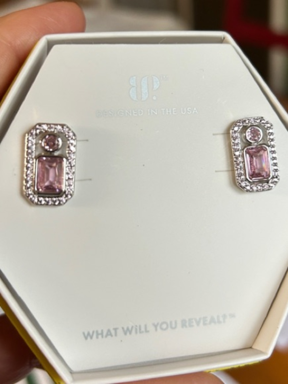 BP Pink Crystal Halo Rectangular Stud Earrings